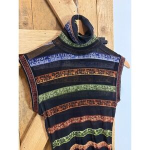 Jean Paul Gaultier Classique Maille Mesh Logo Stripe Sleeveless Turtleneck Top